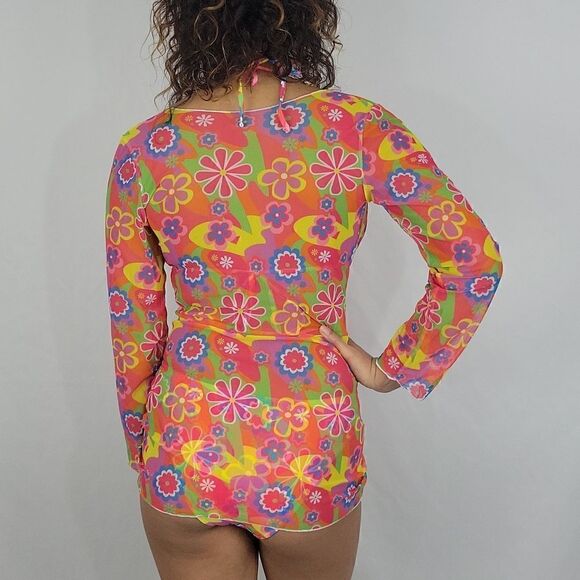 Multi-Color Floral Retro Gypsy Halter Triangle Bikini Swimsuit With Cover Up - Picture 4 of 7